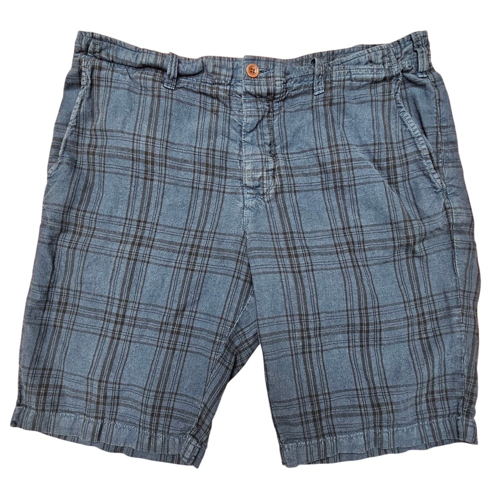 Vince Mens 32 Blue Plaid Linen Blend Shorts Button Fly Casual Resort Beach